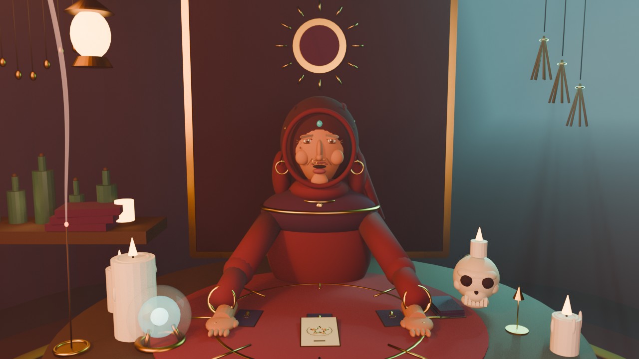 Madame Serafina at her table: candles, a skull, a crystal ball and a spread of cards inside a draped tent.
